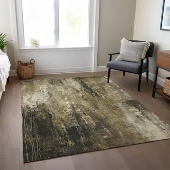 3' X 5' Beige And Taupe Abstract Washable Indoor Outdoor Area Rug