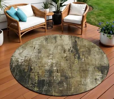 8' Beige And Taupe Round Abstract Washable Indoor Outdoor Area Rug