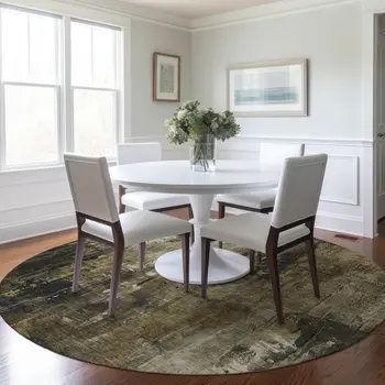 8' Beige And Taupe Round Abstract Washable Indoor Outdoor Area Rug