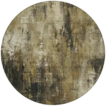 8' Beige And Taupe Round Abstract Washable Indoor Outdoor Area Rug