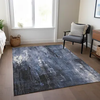 5' X 8' Blue And Ivory Abstract Washable Indoor Outdoor Area Rug