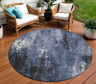 8' Blue And Ivory Round Abstract Washable Indoor Outdoor Area Rug
