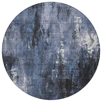 8' Blue And Ivory Round Abstract Washable Indoor Outdoor Area Rug