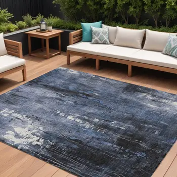 10' X 14' Blue And Ivory Abstract Washable Indoor Outdoor Area Rug