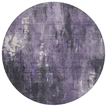 8' Purple And Ivory Round Abstract Washable Indoor Outdoor Area Rug