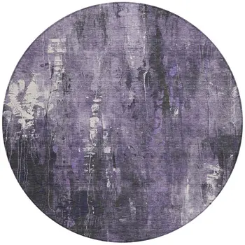 8' Purple And Ivory Round Abstract Washable Indoor Outdoor Area Rug