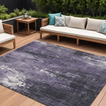 10' X 14' Purple And Ivory Abstract Washable Indoor Outdoor Area Rug