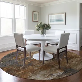 8' Rust Gray And Ivory Round Abstract Washable Indoor Outdoor Area Rug