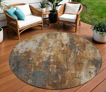 8' Rust Gray And Ivory Round Abstract Washable Indoor Outdoor Area Rug