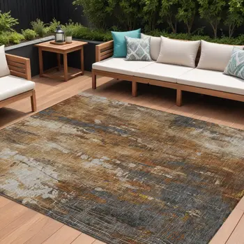 9' X 12' Rust Gray And Ivory Abstract Washable Indoor Outdoor Area Rug