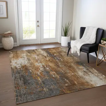 9' X 12' Rust Gray And Ivory Abstract Washable Indoor Outdoor Area Rug