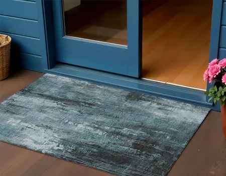 3' X 5' Teal Blue Gray And Ivory Abstract Washable Indoor Outdoor Area Rug