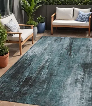 5' X 8' Teal Blue Gray And Ivory Abstract Washable Indoor Outdoor Area Rug