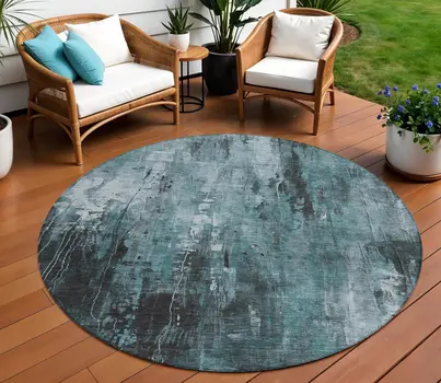 8' Teal Blue Gray And Ivory Round Abstract Washable Indoor Outdoor Area Rug