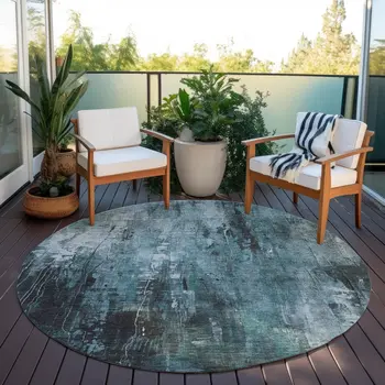 8' Teal Blue Gray And Ivory Round Abstract Washable Indoor Outdoor Area Rug