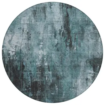 8' Teal Blue Gray And Ivory Round Abstract Washable Indoor Outdoor Area Rug