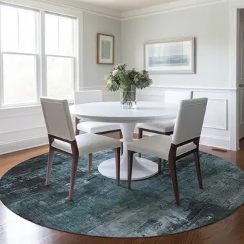 8' Teal Blue Gray And Ivory Round Abstract Washable Indoor Outdoor Area Rug