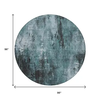 8' Teal Blue Gray And Ivory Round Abstract Washable Indoor Outdoor Area Rug