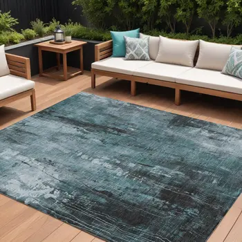 8' X 10' Teal Blue Gray And Ivory Abstract Washable Indoor Outdoor Area Rug