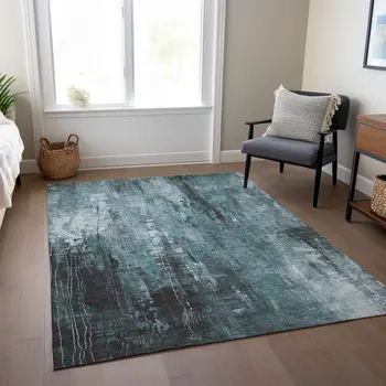 10' X 14' Teal Blue Gray And Ivory Abstract Washable Indoor Outdoor Area Rug