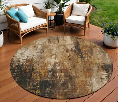 8' Taupe Gray And Ivory Round Abstract Washable Indoor Outdoor Area Rug