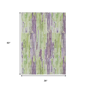 3' X 5' Artichoke Green And Purple Striped Washable Indoor Outdoor Area Rug