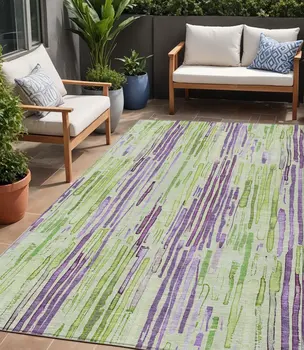 5' X 8' Artichoke Green And Purple Striped Washable Indoor Outdoor Area Rug