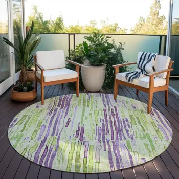 8' Artichoke Green And Purple Round Striped Washable Indoor Outdoor Area Rug