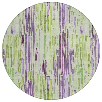 8' Artichoke Green And Purple Round Striped Washable Indoor Outdoor Area Rug