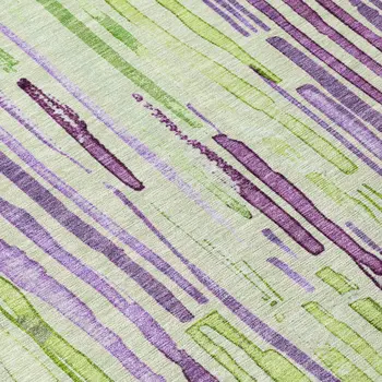 8' Artichoke Green And Purple Round Striped Washable Indoor Outdoor Area Rug