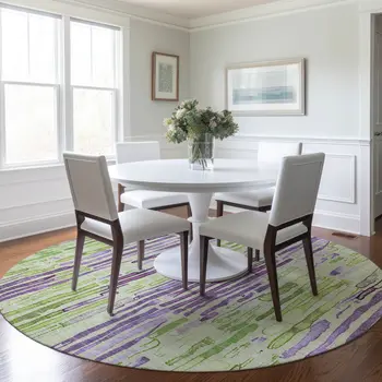 8' Artichoke Green And Purple Round Striped Washable Indoor Outdoor Area Rug