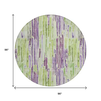8' Artichoke Green And Purple Round Striped Washable Indoor Outdoor Area Rug