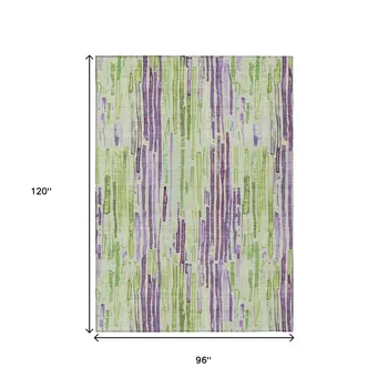 8' X 10' Artichoke Green And Purple Striped Washable Indoor Outdoor Area Rug