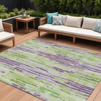 8' X 10' Artichoke Green And Purple Striped Washable Indoor Outdoor Area Rug