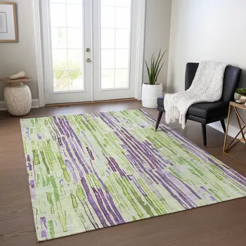 8' X 10' Artichoke Green And Purple Striped Washable Indoor Outdoor Area Rug