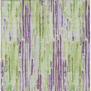 9' X 12' Artichoke Green And Purple Striped Washable Indoor Outdoor Area Rug
