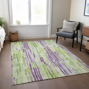 10' X 14' Artichoke Green And Purple Striped Washable Indoor Outdoor Area Rug