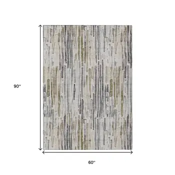 5' X 8' Beige And Gray Striped Washable Indoor Outdoor Area Rug