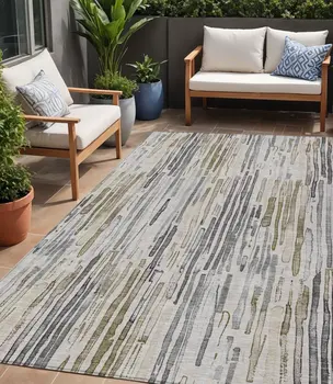 5' X 8' Beige And Gray Striped Washable Indoor Outdoor Area Rug