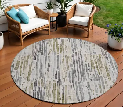 8' Beige And Gray Round Striped Washable Indoor Outdoor Area Rug