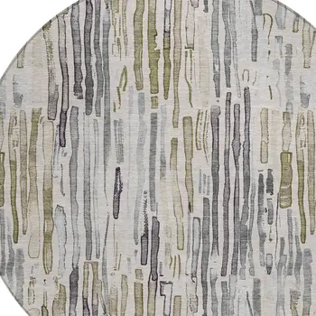 8' Beige And Gray Round Striped Washable Indoor Outdoor Area Rug