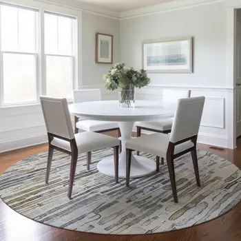 8' Beige And Gray Round Striped Washable Indoor Outdoor Area Rug