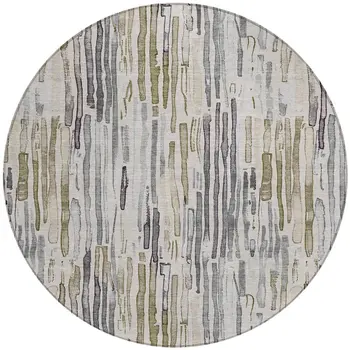 8' Beige And Gray Round Striped Washable Indoor Outdoor Area Rug