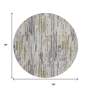 8' Beige And Gray Round Striped Washable Indoor Outdoor Area Rug