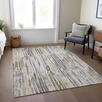 9' X 12' Beige And Gray Striped Washable Indoor Outdoor Area Rug