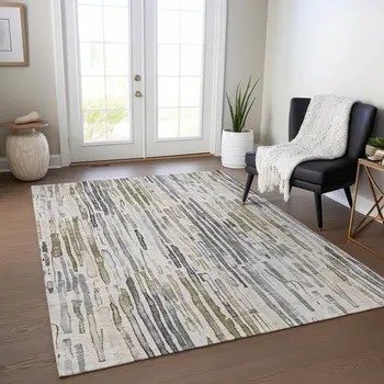 10' X 14' Beige And Gray Striped Washable Indoor Outdoor Area Rug