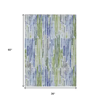 3' X 5' Sky Blue And Fern Green Striped Washable Indoor Outdoor Area Rug