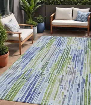 5' X 8' Sky Blue And Fern Green Striped Washable Indoor Outdoor Area Rug