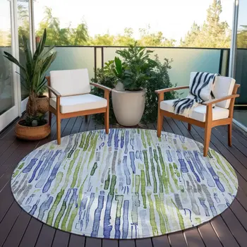 8' Sky Blue And Fern Green Round Striped Washable Indoor Outdoor Area Rug
