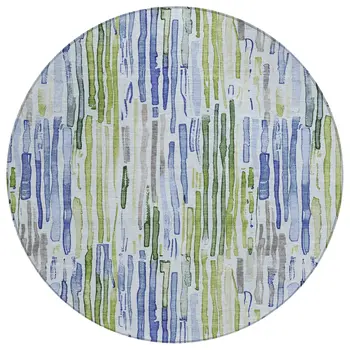 8' Sky Blue And Fern Green Round Striped Washable Indoor Outdoor Area Rug